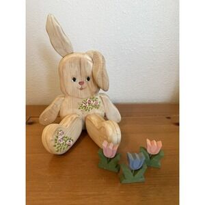 Vtg Handmade Wooden Floppy Ear Bunny Rabbit Figurine Floral Details Easter Decor